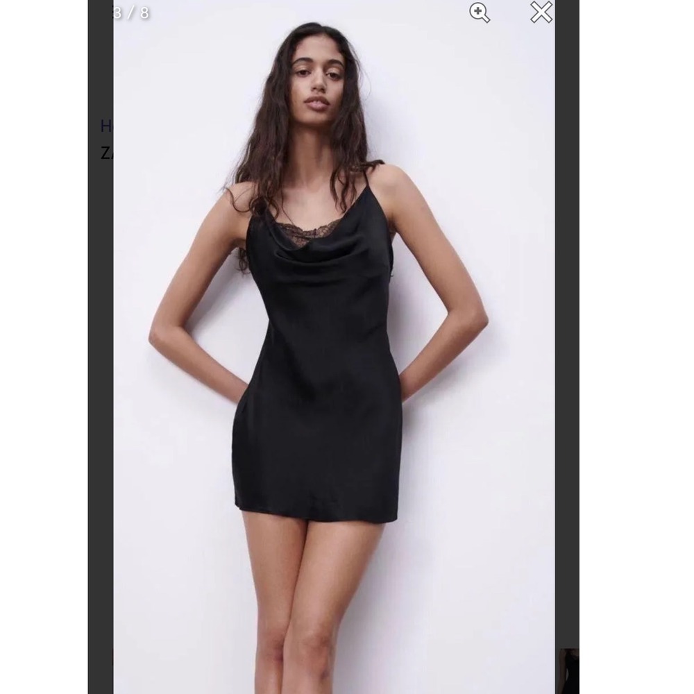 Zara Black Satin Effect Slip Mini Dress Lace Women's Medium Whimsigoth Y2K